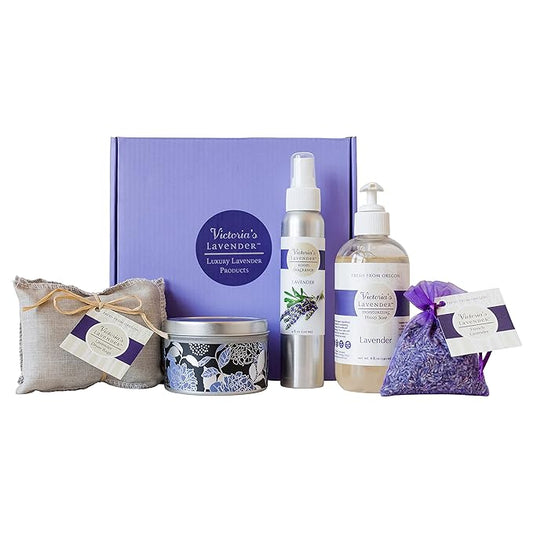 Victoria's Lavender Home Essential Products Set - Made in the USA Collection, Includes Soy Candle, Room Spray, Hand Soap, Organza Sachets, Dryer Bags, Ideal Gift Set for Home Buyers - Lavender (5 Pcs) - Bloomnest