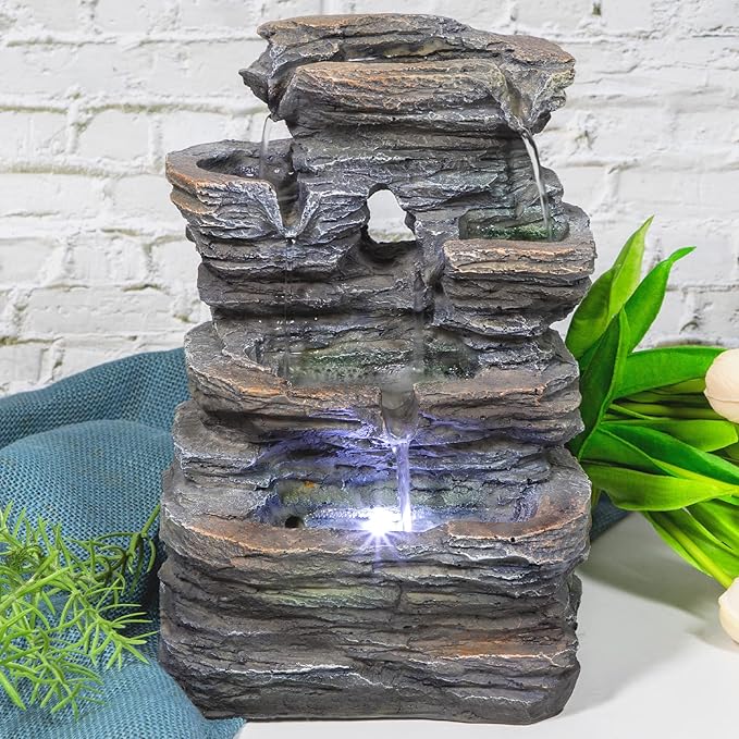 Ferrisland 5-Tier Cascading Tabletop Fountain with LED Lights - Indoor Water Fountain Decor Tabletop Small Relaxation Waterfall Feature Dark Gray - Bloomnest