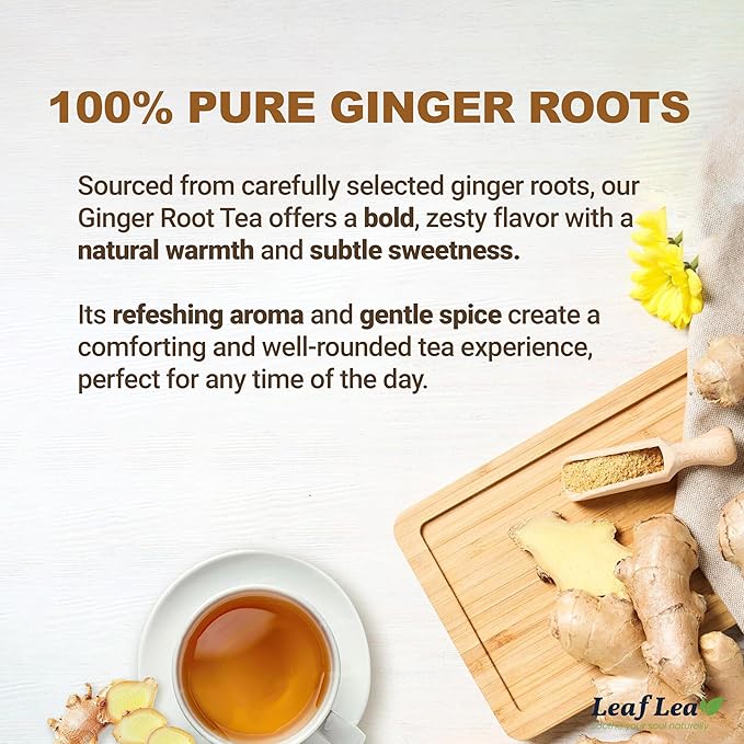 LeafLea 40 Ginger Tea Bags, 100% Pure & Natural from Dried Ginger Root Tea, Spicy & Comforting Herbal Tea Supports Digestion, Caffeine Free, Sugar Free, No Gluten, Non-GMO, Vegan - Bloomnest