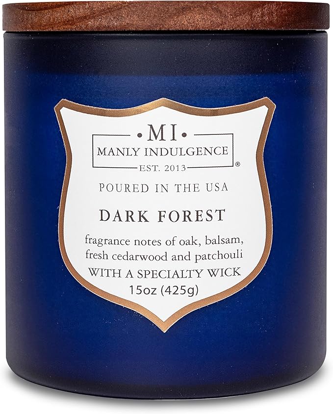 Manly Indulgence Dark Forest Scented Jar Candle for Men, Wood Wicked Candle, 15 oz - Oak, Balsam, Fresh Cedarwood & Patchouli - Up to 60 Hours Burn, Soy Blend Wax, USA Poured, Navy Blue - Bloomnest