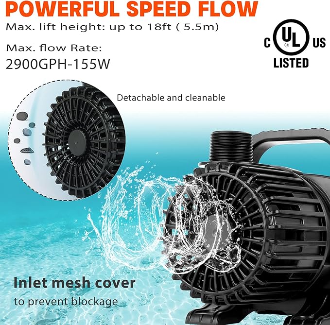 WaterRebirth (2900GPH-155W,UL listed) High Flow Large Fountain Submersible Water Pond Sump Pump Aquarium Electric Waterfall Pump Outdoor PS- 2900 - Bloomnest