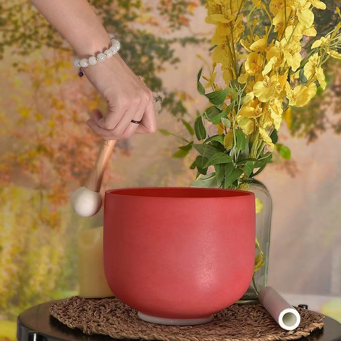 ALIOTH Red C note Root Chakra Crystal Singing Bowl 8 inch with Sound Bowl Suede Striker for yoga - Bloomnest