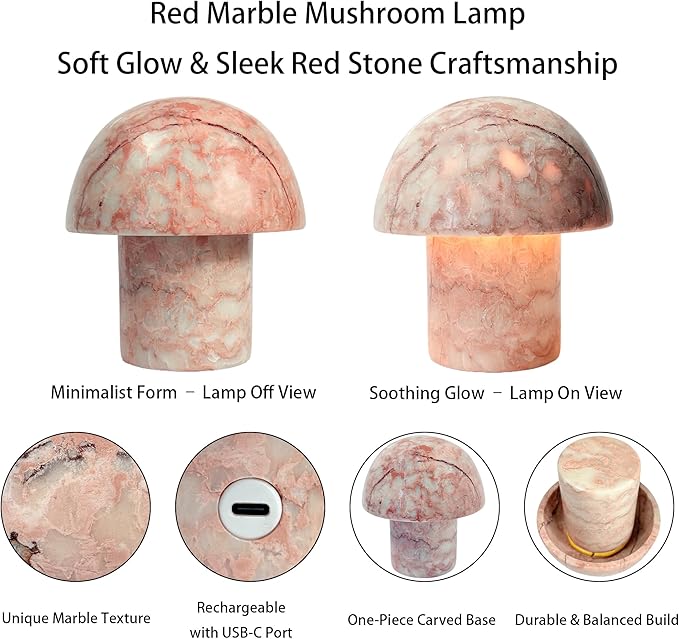Marble Mushroom Table Lamp - Small Rechargeable USB-C Cordless Touch-Dimmable Night Light, Hand-Polished Natural Stone, 4.3"x4.7" - Bloomnest
