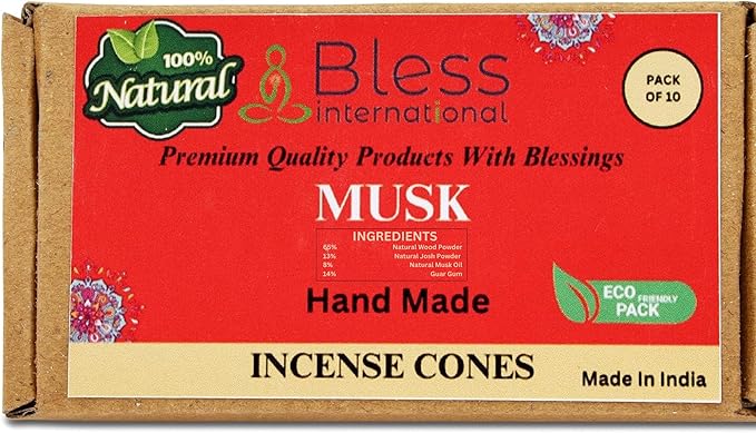 Bless International Musk 100%-Natural-Incense-Cones Handmade-Hand-Dipped Organic-Chemicals-Free for-Purification-Relaxation-Positivity-Yoga-Meditation The-Best-scents (10 Count) BlessInternational