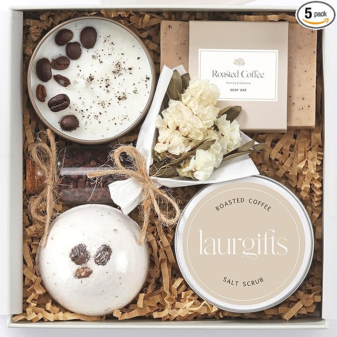 Spa Gift Basket for Women – Small Coffee Scented Candle Set with Bath Bomb & Salt Scrub | Handmade Spa Box Present, Birthday & Housewarming Gift for Her - Bloomnest