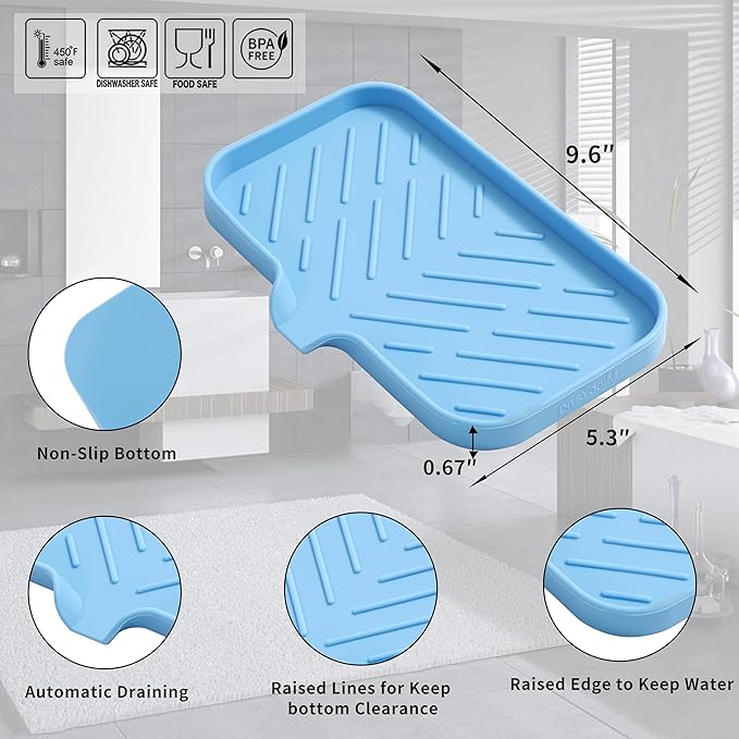 Silicone Bathroom Soap Dishes with Drain Spout-Bathroom and Kitchen Sink Organizer,Sponge Holder,Dish Soap Tray,Perfect for Dispenser,Scrubber,Bottle on Sink or Counter-Light Blue 9.6"×5.3" - Bloomnest