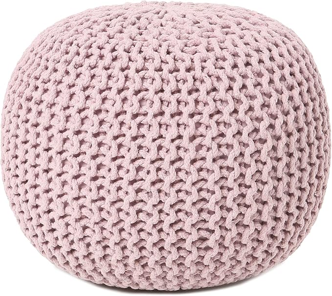 REDEARTH Round Pouf Ottoman - Hand Knitted Boho Poof Home Décor Pouffe Circular Footrest for Living Room - Bedroom - Lounge - 100% Cotton (19.5"x19.5"x14") - Pale Pink - Bloomnest
