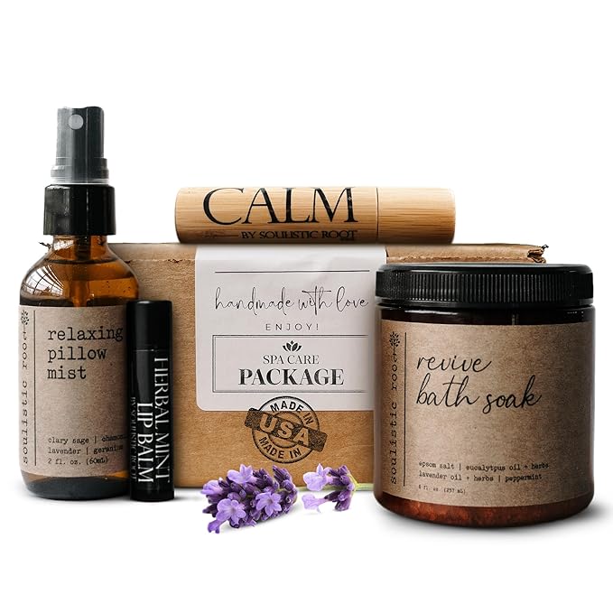 SOULISTIC ROOT Self-Care Set - Luxury Spa Bath Kit, Pillow Mist, Cooling Lip Balm, Tranquil Essential Oil Roller & Epsom Salt Bath Soak Pampering Package, Valentine's Day Holistic Gifts for Him & Her - Bloomnest