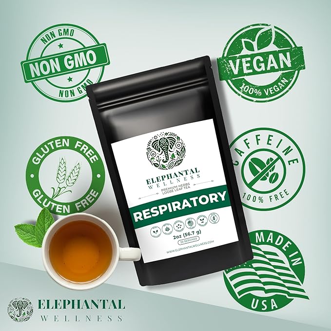 Elephantal Wellness Premium Respiratory Herbal Tea | Lung Detox, Mucus Cleanse & Breathing Support with Mullein, Eucalyptus, Thyme & Lungwort | Handmade, Caffeine-Free, Non-GMO Loose Leaf Blend, 2oz, 20 Servings - Bloomnest