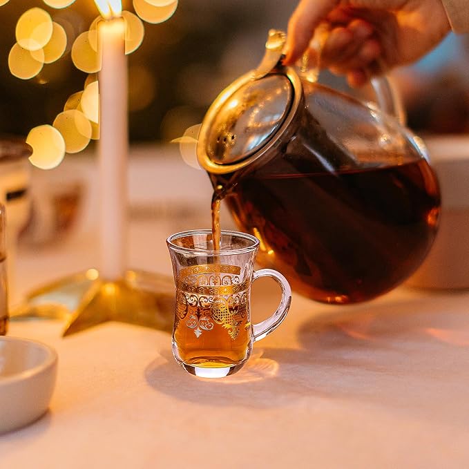 Turkish Tea Glasses Set of 6 - Gold Moroccan Tea Cups with Handle - 5 oz Footed Glass Coffee Mugs for Hot Cold Beverages Drinks