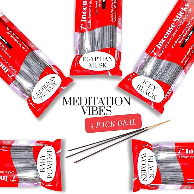 Aroma Depot Meditation Vibes 7'' Incense Sticks - Variety Set 500 Pack - 7 inch - 5 Bundles 100 Sticks Per Scent. Set Features Baby Dust Type, Black Women, Caribbean Fantasy, Egyptian Musk, Icey Black