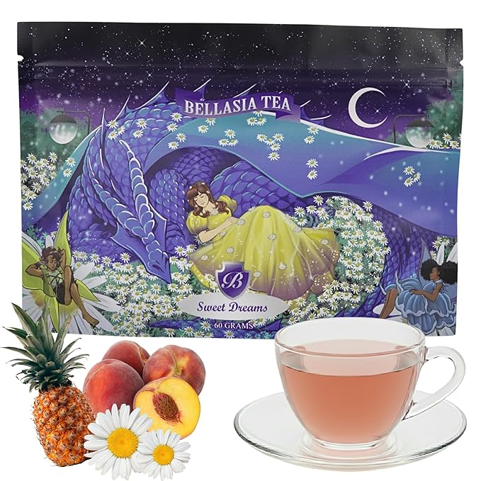 Bellasia Tea Sweet Dreams Cozy Kids Sleepy Time Tea– Relaxing Chamomile Herbal Blend with Real Peach & Pineapple Pieces- Soothing, Caffeine-Free Herbal Tea for Children – Promotes Calm Bedtime Routine - Bloomnest