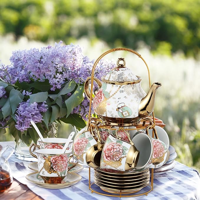 Zhehao 20 Pcs Porcelain Tea Set with Metal Holder and Spoon Adult Ceramic Tea Set European Flower Painting Teapot Cup Saucer Spoon for Women, Large Version(Bright Style) - Bloomnest