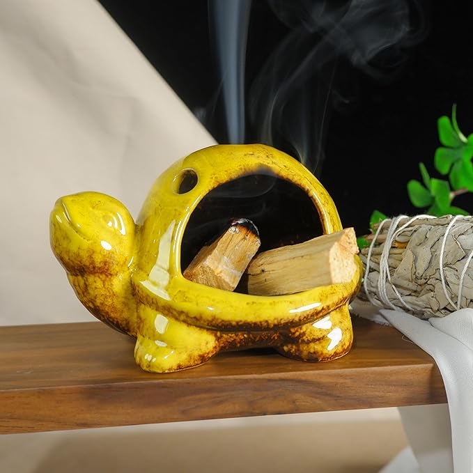 Yellow Ceramic Turtle Palo Santo Burner Holder-Mini Chiminea Incense Dish for Burning Smudge Sticks、Sage、Aromatic Santos、 Incense Cones Fits Altar &Zen Spaces,Unique Gift for Friends & Family MOUGIGI