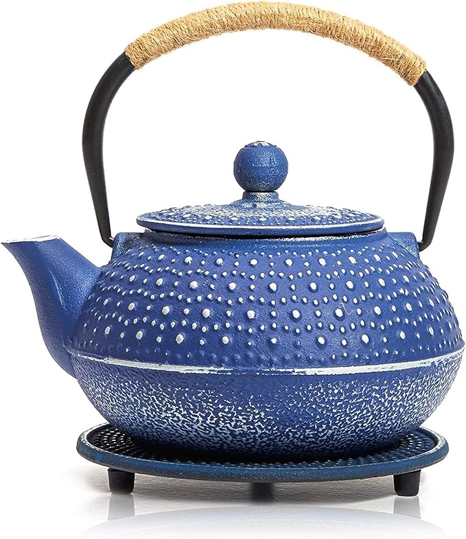 Juvale Cast Iron Teapot with Infuser - Blue, 27 oz (800 mL) - Stovetop Tea Kettle for Loose Leaf Tea - Includes Stainless Steel Infuser & Trivet - Bloomnest