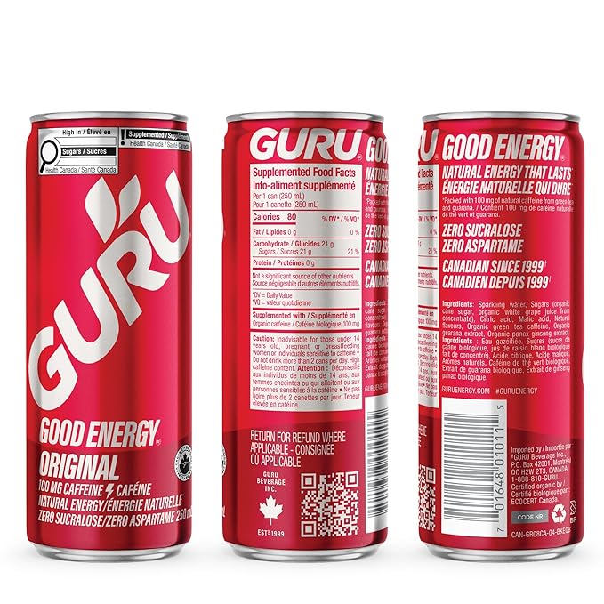 GURU Original Organic Energy Drinks, Clean Energy Drink with Plant Based Natural Caffeine from Green Tea, Gluten Free and Vegan, 100MG Caffeine, Healthy Drinks, 8.4oz (Pack of 24) - Bloomnest