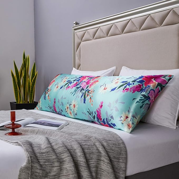MR&HM Satin Body Pillow Cover, Soft and Breathable Body Pillow Case with Envelope Closure, Cooling and Silky Long Pillowcase for Hair and Skin,Grey (20x54, Floral Green) - Bloomnest