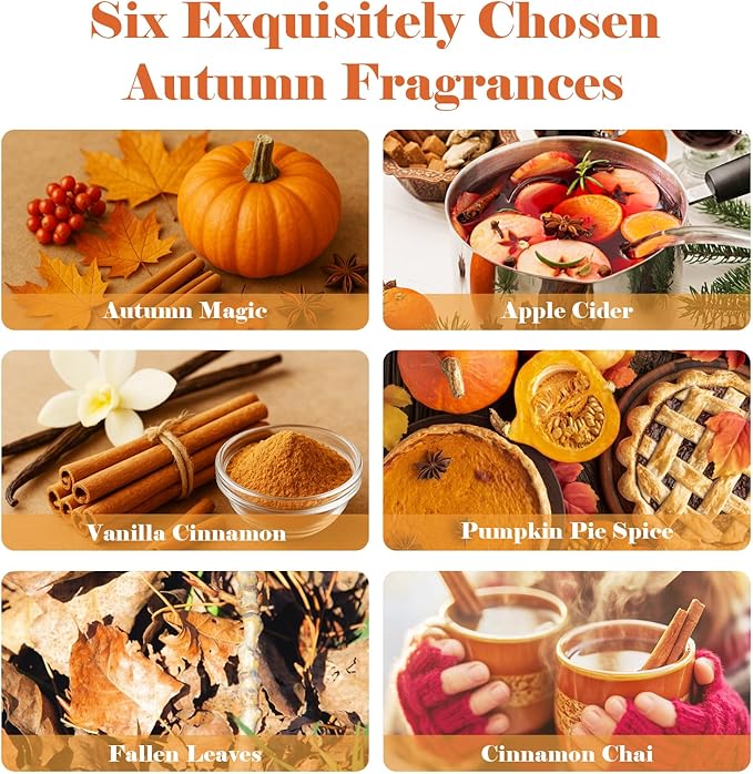 AmaKane Fall Fragrance Oil, Autumn Essential Oils for Diffuser, Soap Candle Making Scents, Pumpkin Pie Spice, Vanilla Cinnamon, Apple Cider, Fallen Leaves, Autumn Magic, Cinnamon Chai, 6x10 ml AmaKane