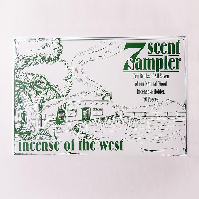 Incienso de Santa Fe - 7 Scent Sampler Natural Wood Incense with Burner, Includes Piñon, Cedar, Juniper, Hickory, Alder, Mesquite, and Fir Balsam (70 Bricks) - Made in the USA InciensodeSantaFe