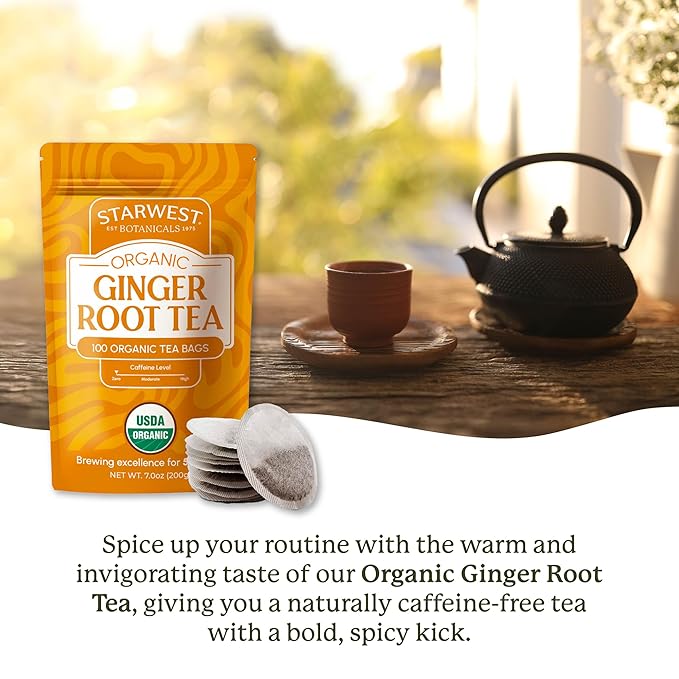 Starwest Botanicals Organic Ginger Root Tea - Caffeine Free Herbal Tea, Supports Digestion, String Free Sachets, USDA Organic Ginger Root, Non GMO - Bulk Pack, 100 Tea Bags - Bloomnest