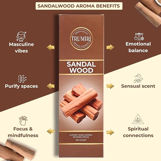 Sandalwood Incense Sticks - Pack of 100 Insence-Sticks - Made with Natural Incienso De Sandalo - Non Toxic Inscents Indian Spiritual Agarbatti Insense