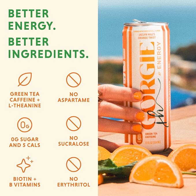 GORGIE Sugar Free Natural Energy Drinks, Jaclyn Hill Orange Twist (12 Pack) Healthy Sparkling Energy Drinks Natural Coffee Replacement with Green Tea Caffeine and Biotin, Vegan, Low Calorie - Bloomnest