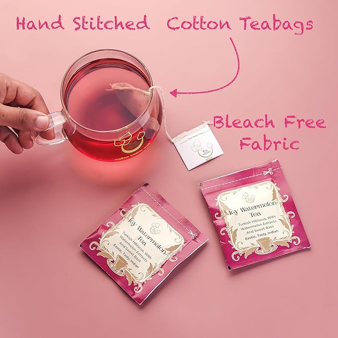 THE VEDAS Icy Watermelon Tea | Herbal Tea with Hibiscus & Sweet Basil - Caffeine Free Herbal Tea - Enjoy Hot or Iced | Biodegradable Cotton Teabags | 20 Tea Bags (Pack of 1) - Bloomnest
