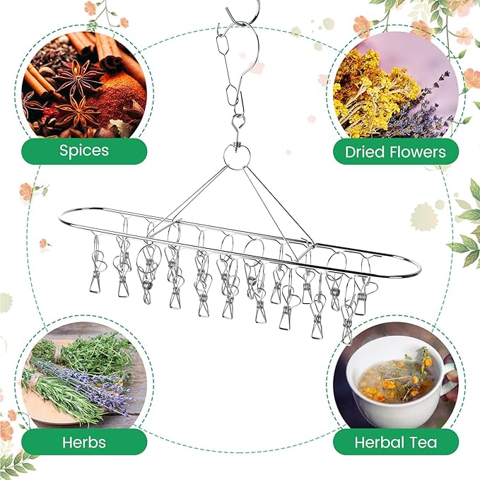 6 Pcs Herb Drying Rack Hanging - Stainless Steel with Clips Clothes Laundry Drying Rack Hanger Collapsible for Plants Bud Weed Onion Macrame Flower Spices(Oval) - Bloomnest