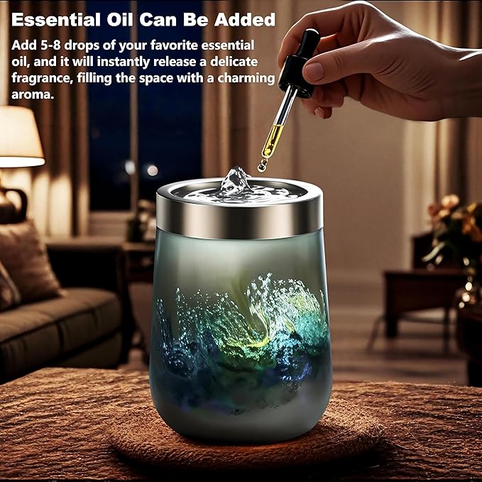 VOREEN Handblown Glass Tabletop Fountain – Grey Art Glass Indoor Fountain with Cool White Ambient Glow – Optional Aromatherapy for Home, Spa, Office Décor - Bloomnest