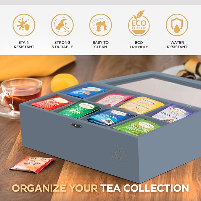 Tea Bag Organizer - Grey Bamboo Tea Box Organizer Storage Box, Tea Bag Holder with Acrylic Window, Magnetic Lid Keeps Tea Bags Fresh - Tea Organizer Caddy (Tea Not Included) Christmas Gift - Gray - Bloomnest