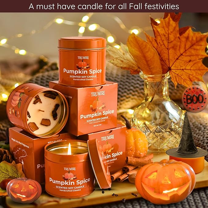 Pumpkin Spice - Cinnamon Soy Candles for Home Scented - for Fall Halloween Thanksgiving Holidays - Pack of 3 x 5oz Natural Clean Non Toxic Long Lasting Highly Scented Candels with Essential Oils TRUMIRI