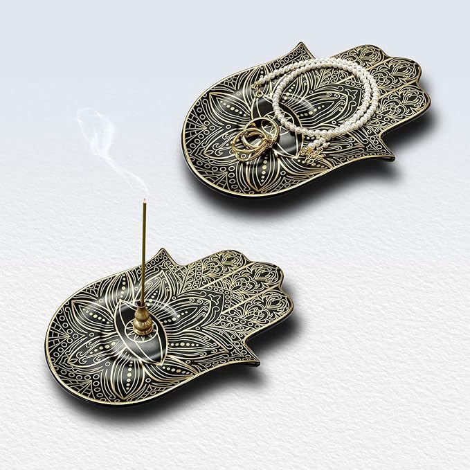Ceramic Hamsa Hand Incense Holder - 2 in 1 Brass Incense Holder for Sticks and Coil Incense- Zen Decor with Hand of Fatima Design Protection from Evil - 6.2" L X 4.5" W (Black) - Bloomnest