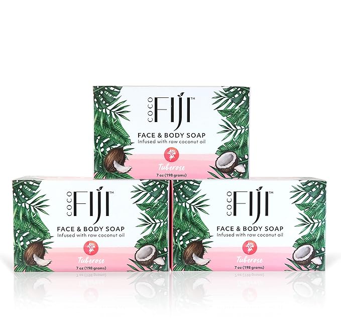 Coco Fiji Soap Bar for Face and Body Infused With Organic Coconut Oil, Tuberose, Essential Oil, Natural Soap for Moisturizing & Pore Purifying Skin, 7 oz,Pack of 3