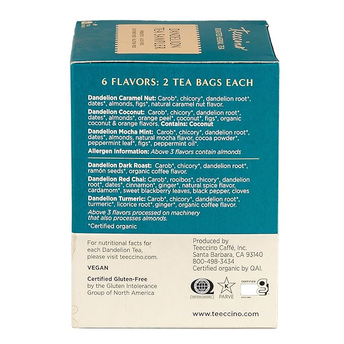 Teeccino Dandelion Tea Sampler - Caramel Nut, Coconut, Dark Roast, Mocha Mint, Red Chai, Turmeric - Roasted Herbal Tea, Caffeine Free & Prebiotic with Detoxifying Dandelion - 12 Tea Bags - Bloomnest