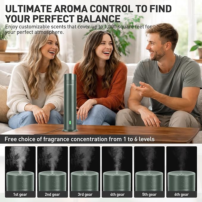 Waterless Scent Diffuser Starter Kit - 1000 Sq Ft Coverage, Hotel Scent Diffuser, Essential Oil Diffuser Large Room, Included 5 Scent Oils, Remote Control, SandGreen - Bloomnest