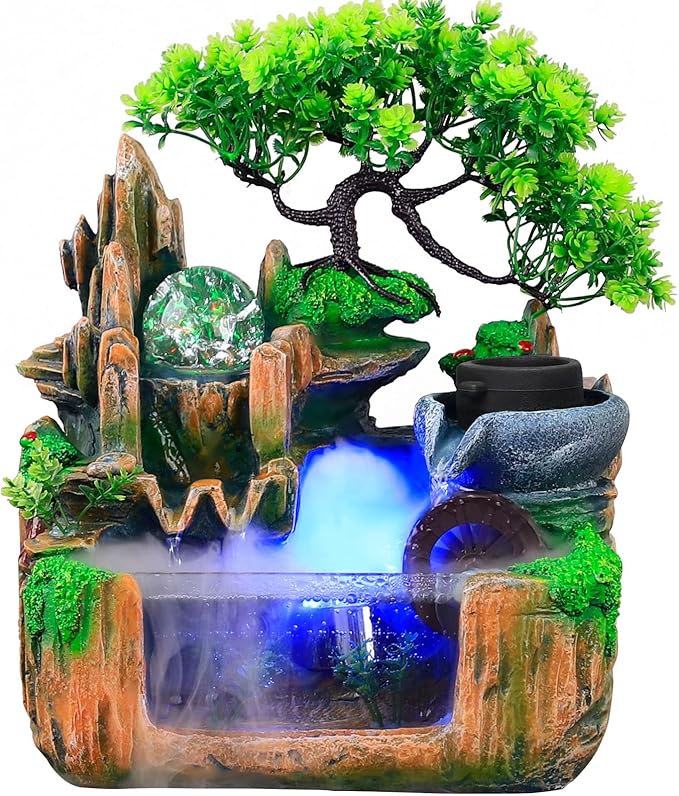 Fountains Waterfall Décoration,Indoor Relaxation Desktop Fountain Waterfall,Atomizing Humidifier,Desktop Fountain Waterfall with Rockery,Plant,Tabletop Fountain LED Waterfall for Home Office Desk