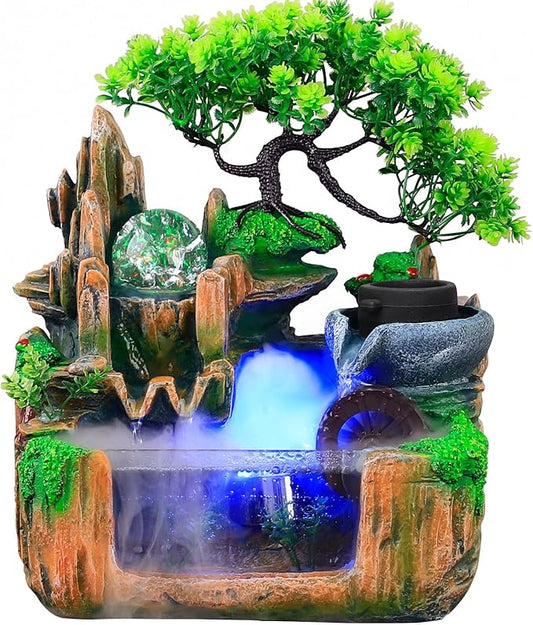 Fountains Waterfall Décoration,Indoor Relaxation Desktop Fountain Waterfall,Atomizing Humidifier,Desktop Fountain Waterfall with Rockery,Plant,Tabletop Fountain LED Waterfall for Home Office Desk