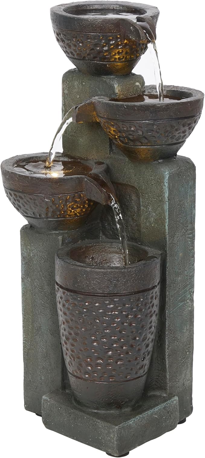 Alpine Corporation TZL412 14" Stoned Jar Cascading Water Fountain with LED Lights – Elegant Tabletop Water Feature for Home, Office, Living Room, Bedroom, and Desk Décor, Gray - Bloomnest