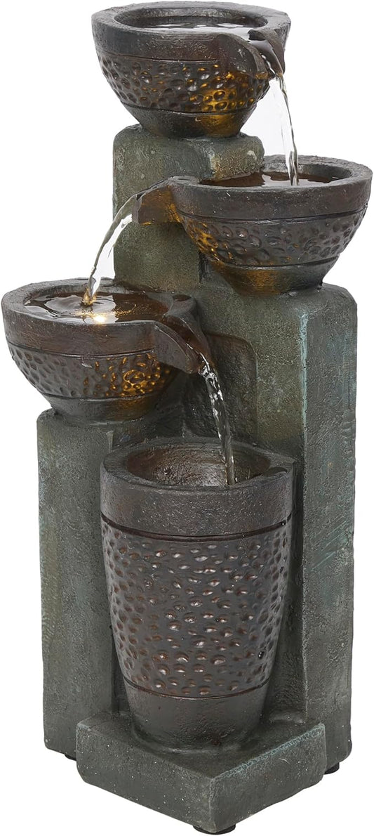 Alpine Corporation TZL412 14" Stoned Jar Cascading Water Fountain with LED Lights – Elegant Tabletop Water Feature for Home, Office, Living Room, Bedroom, and Desk Décor, Gray - Bloomnest