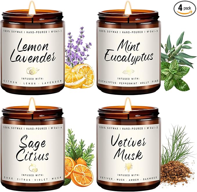 Scented Candles Set | Scented Candle for Home - 4 Pack Candle Gifts, Soy Candles for Home - Aromatherapy Gift of Mint Eucalyptus/Lemon Lavender/Sage Citrus/Vetiver Musk - Bloomnest