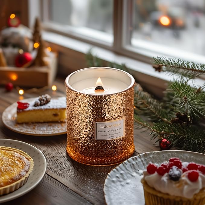 LA JOLIE MUSE Fall Candle | Amaretto Crème Brûlée – Almond Liqueur, Dry Fruit & Caramel | 19 oz Wooden Wick Candle | 90 Hours Clean Burn | Luxury Candles for Self-Care & Gifting - Bloomnest