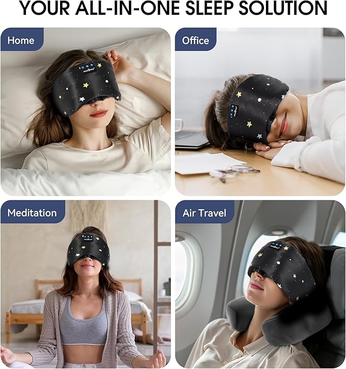 MUSICOZY Mulberry Silk Bluetooth Sleep Mask with HD Stereo Sound, Wireless Sleep Headband Headphones for Side Sleepers, Adjustable Size, Total Light Blocking, Perfect for Travel Relaxation Sleep - Bloomnest