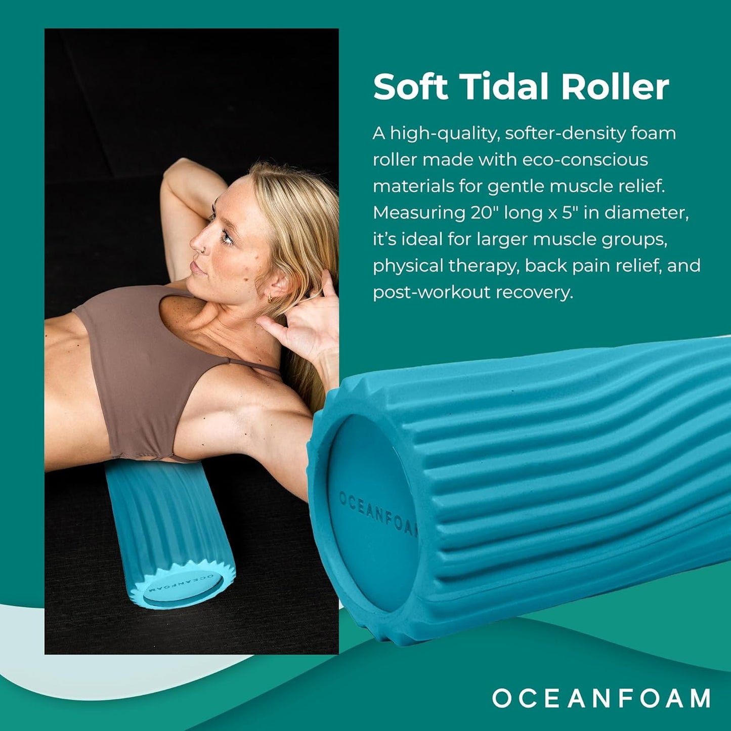 Oceanfoam Soft Tidal Roller (Miami Blue) - Low Density Foam Roller for Physical Therapy, Back Pain, Exercise & Stretching - Wave Textured - Yoga, Athletics, & Wellness - Full Size, 20" x 5"