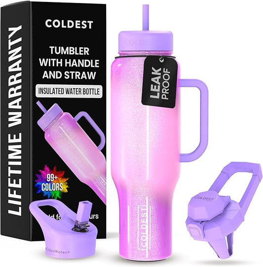 Coldest Tumbler with Handle and Straw, 100% Leak Proof Insulated Tumbler with Lid and Straw (3 Lids), Stainless Steel Tumblers for Women & Men, Cup Holder Friendly, 46 oz (Popsicle Dream) - Bloomnest