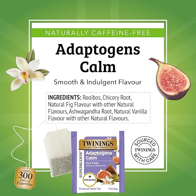 Twinings Superblends Adaptogens Calm with Ashwagandha Fig & Vanilla Flavoured Herbal Tea, Naturally Caffeine-Free, 18 Tea Bags (Pack of 6), Enjoy Hot or Iced, 108 Teabags - Bloomnest