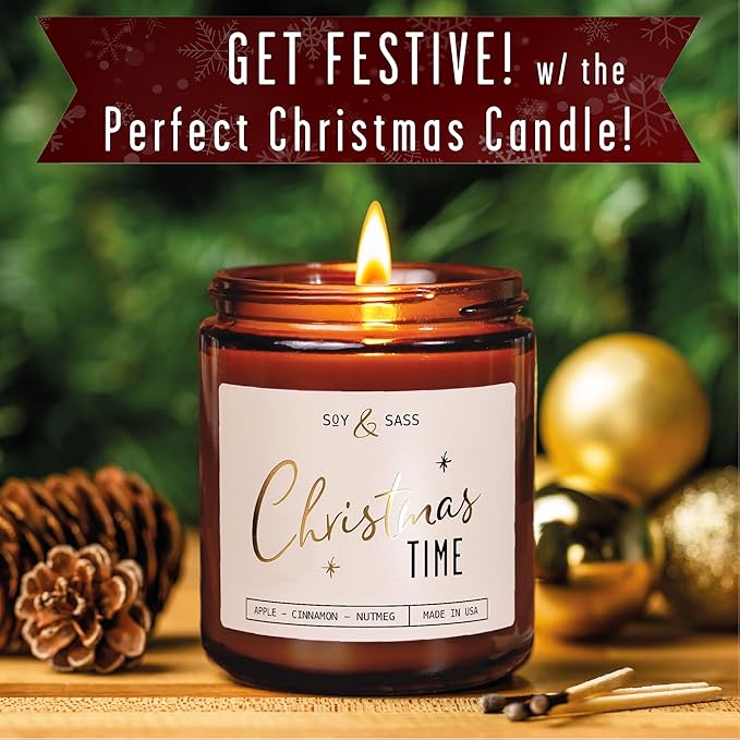 Christmas Candles Scented – ‘Christmas Time’ Soy Christmas Candle, w/Apple, Cinnamon, Clove - Infused with Essential Oils I Holiday Candles I 9oz, 50Hr, Made in USA - Bloomnest