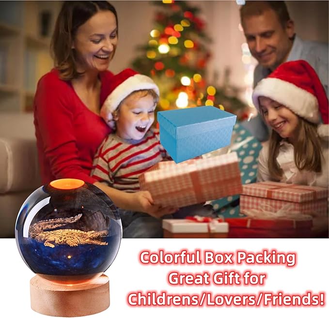 3D Large Crocodile Crystal Ball Night Light with Wooden Base, Crystal Lamp Gift for Kids Wife Friends, 16 Color Changing with Remote Control, Laser Engraved 3.15 inch Glass Ball Lamp (Crocodile) - Bloomnest