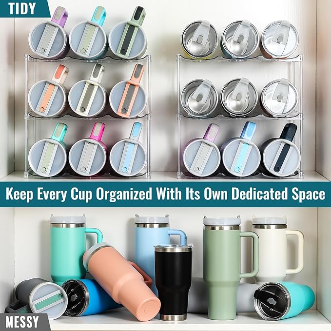 Design for Stanley 40 OZ & Large Bottles & Tumblers with Handle, Acrylic Water Bottle Organizer - Stackable Clear Wine Rack, Cup Holder for Home Kitchen Pantry Shelf Countertop Cabinet, 3 Tier Hold 9 MakeLifeBetterEasier
