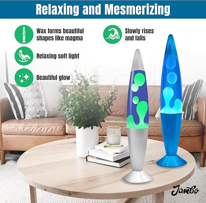 JAMBO 2 Pack- 16" Beautiful Lamp- Silver with Yellow/Green Wax and Blue with Blue/White Wax, Relaxing Liquid Lamp, Night Light Nightlight, Lamps for Adults Teens Kid - Bloomnest