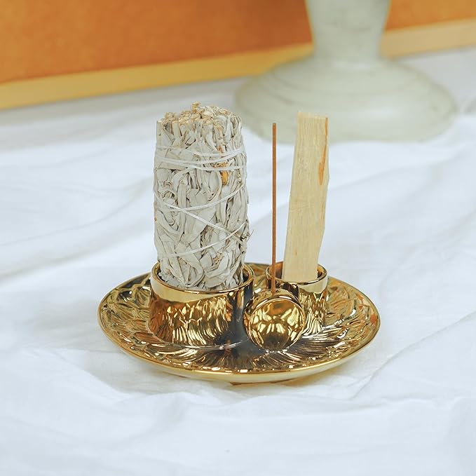 4 in 1 Incense Holder, Ceramic Incense Stick and Palo Santo Holder,Sage Holder for Burning- 5.5" Ceramic Ash Catcher Tray for Meditation and Yoga Room (Golden) - Bloomnest